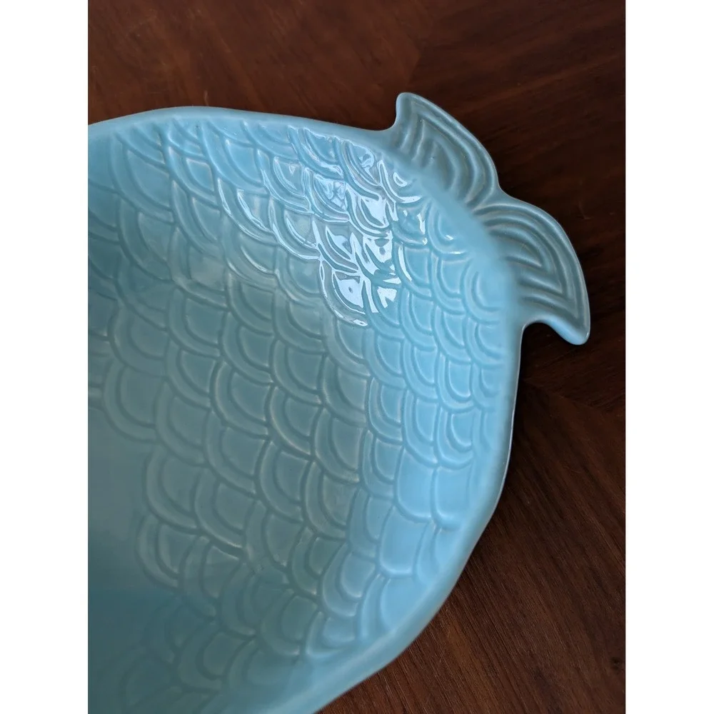 Farval Portugal Blue Ceramic Fish Serving Bowl Embossed Scales Coastal‎ Decor